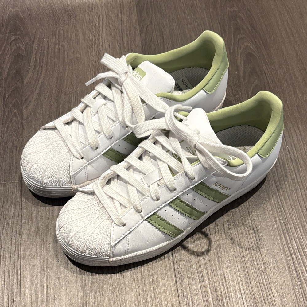 Adidas Superstar White Sneakers with Green Stripes